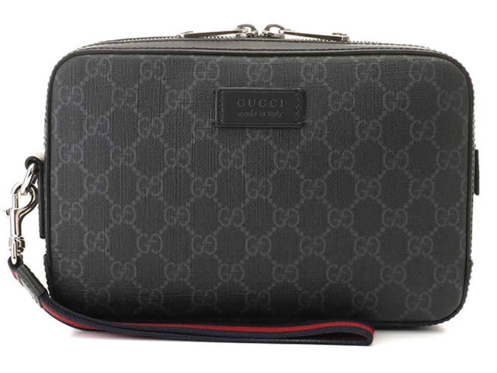 Gucci Shoulder Pouch Clutch GG Supreme Leather Gray Black
